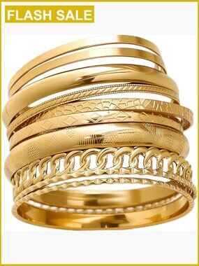 Stackable Chunky Bangle Bracelets Set, 14K Gold Plated, 10 Piece Boho Jewelry